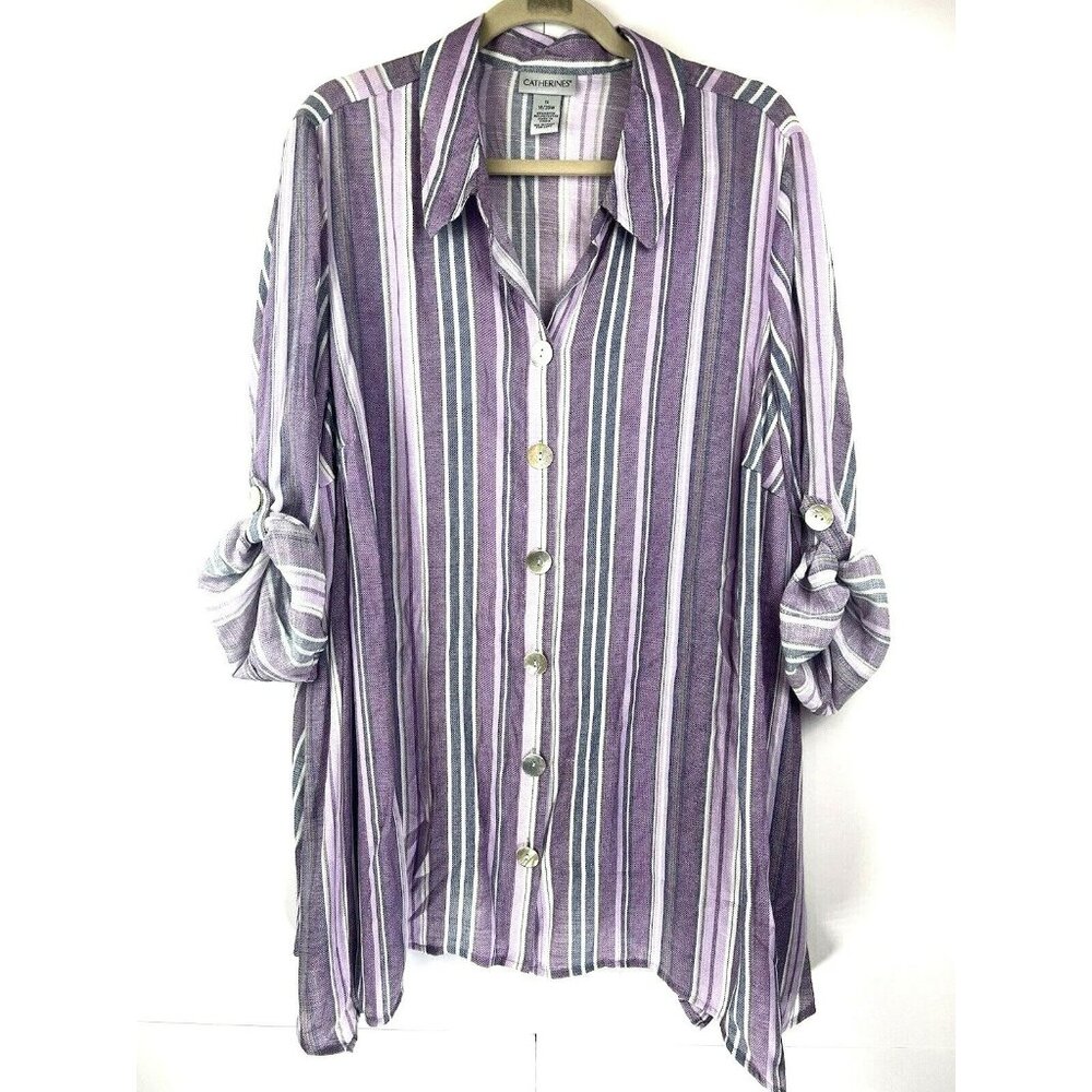 Catherines Women Top 1X Purple Stripe Button Up Roll Tab Asymmetrical Hem Gauzy